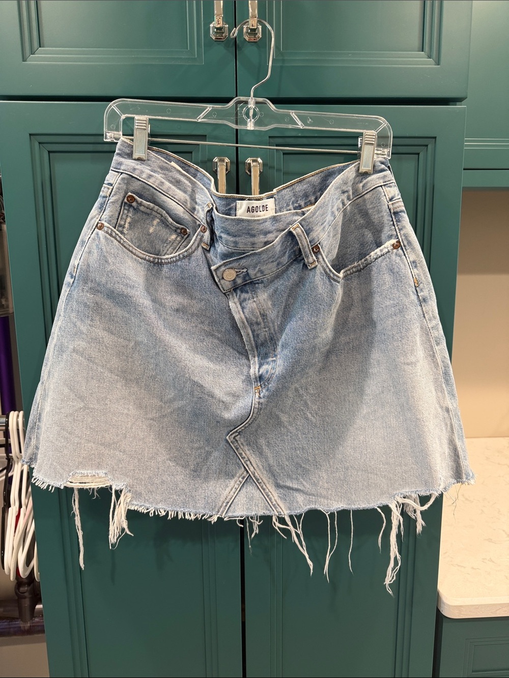 Agolde Criss Cross Light Blue Frayed Denim Mini Skirt